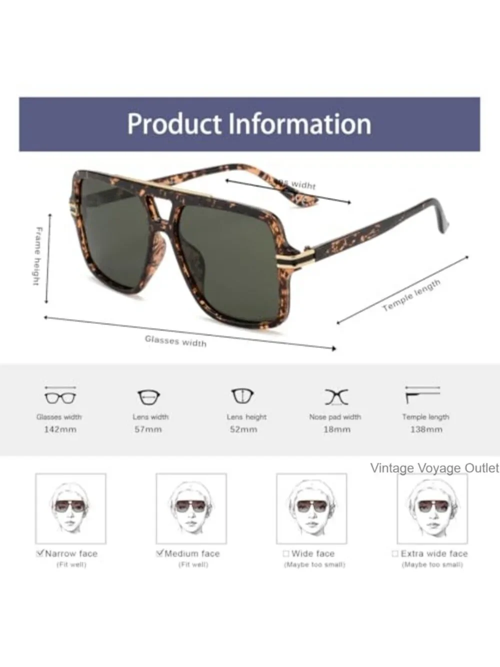Retro Oversized Polarized Square Sunglasses Lightweight UV Protection